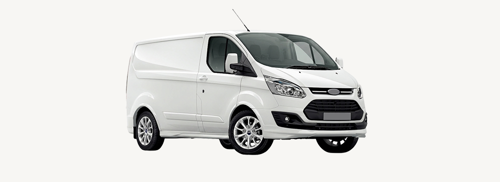 Side view of a red Ford Transit with black weather shields attached to the front window.