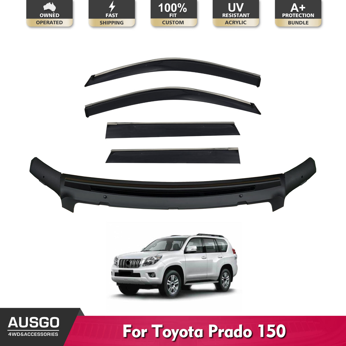Stainless Trim Weather Shields + Bonnet Protector for Toyota Land Cruiser Prado 150 Series 2010-2013