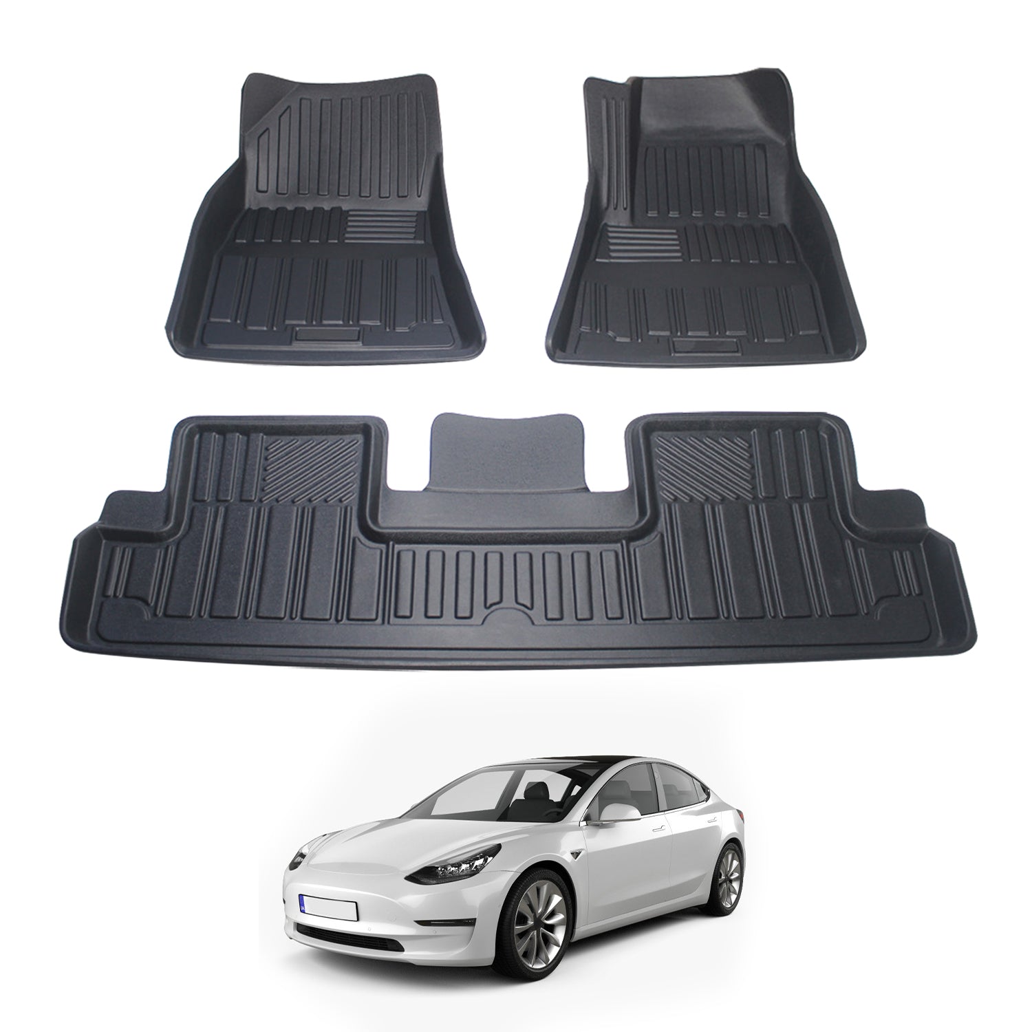 All-weather custom fit car floor mats for Tesla Model 3, front and rear set, designed for durability and protection
