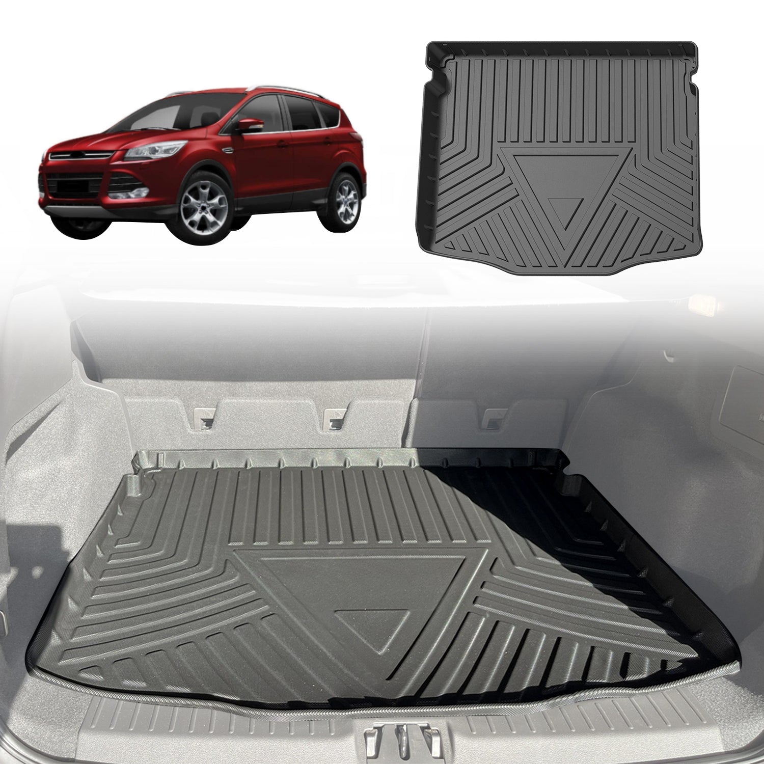A collage of a red Ford Kuga, Ford Kuga boot liner, and a boot liner installed in the car. 