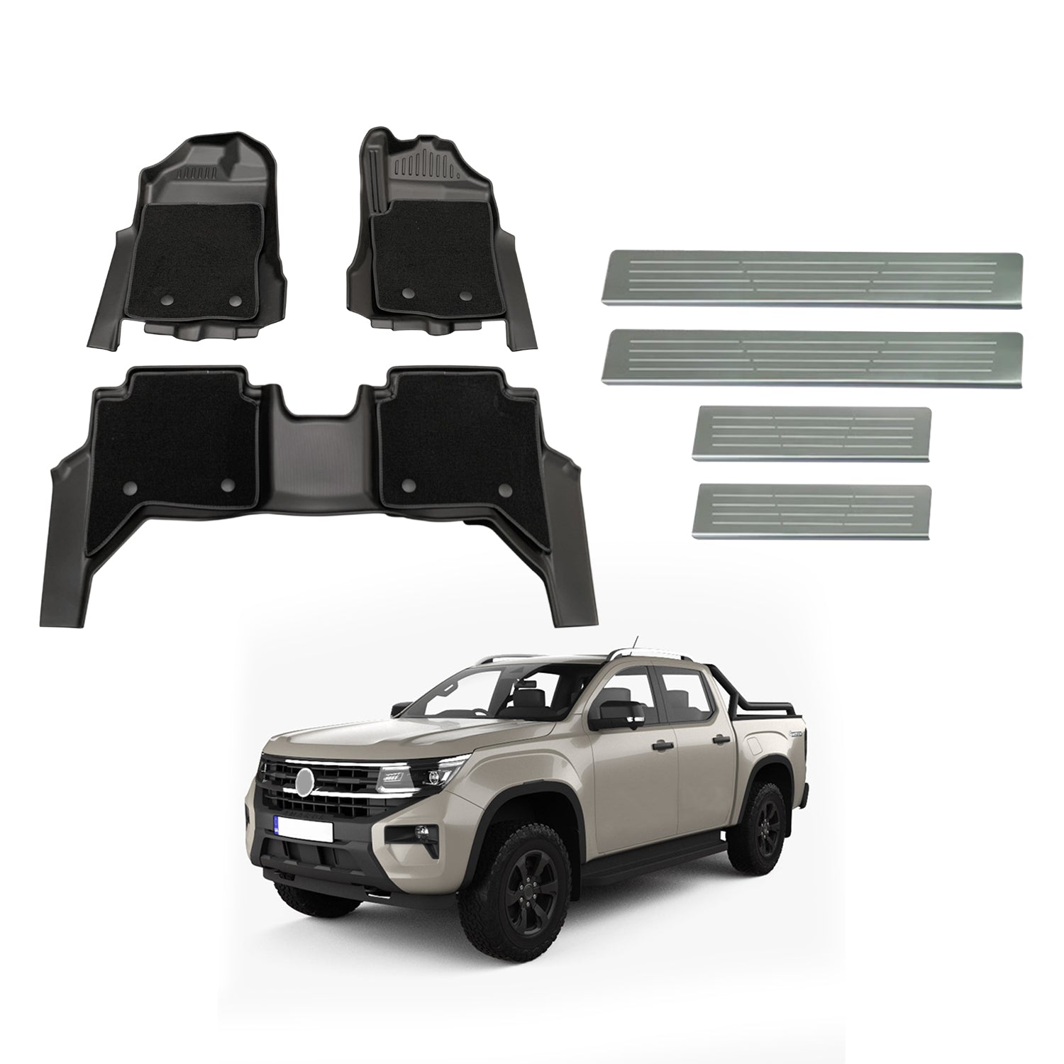 Double-Layer Car Floor Mats + Door Sill Protector for Volkswagen Amarok Next-Gen NF Dual Cab 2023-Onwards
