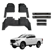 7D Injection Floor Mats + Black Door Sills Protector for Mazda BT-50 BT50 Dual Cab 2020-Onwards