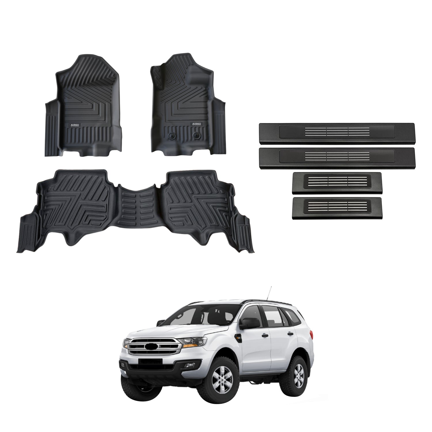 5D Moulded Floor Mats + Black Door Sill Protector for Ford Everest 2015-2022