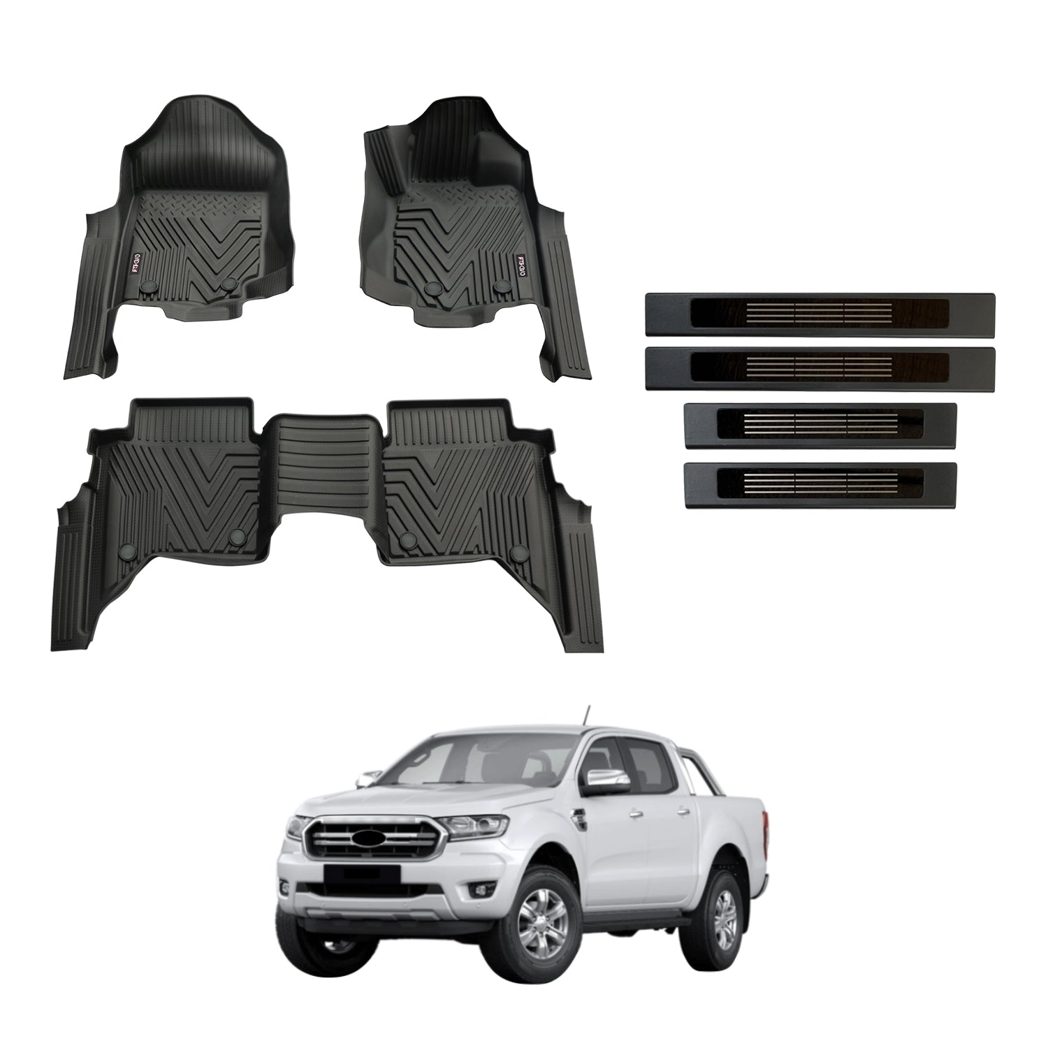 5D Injection Floor Mats + Door Sill Protector for Ford Ranger Dual Cab 2011-2022