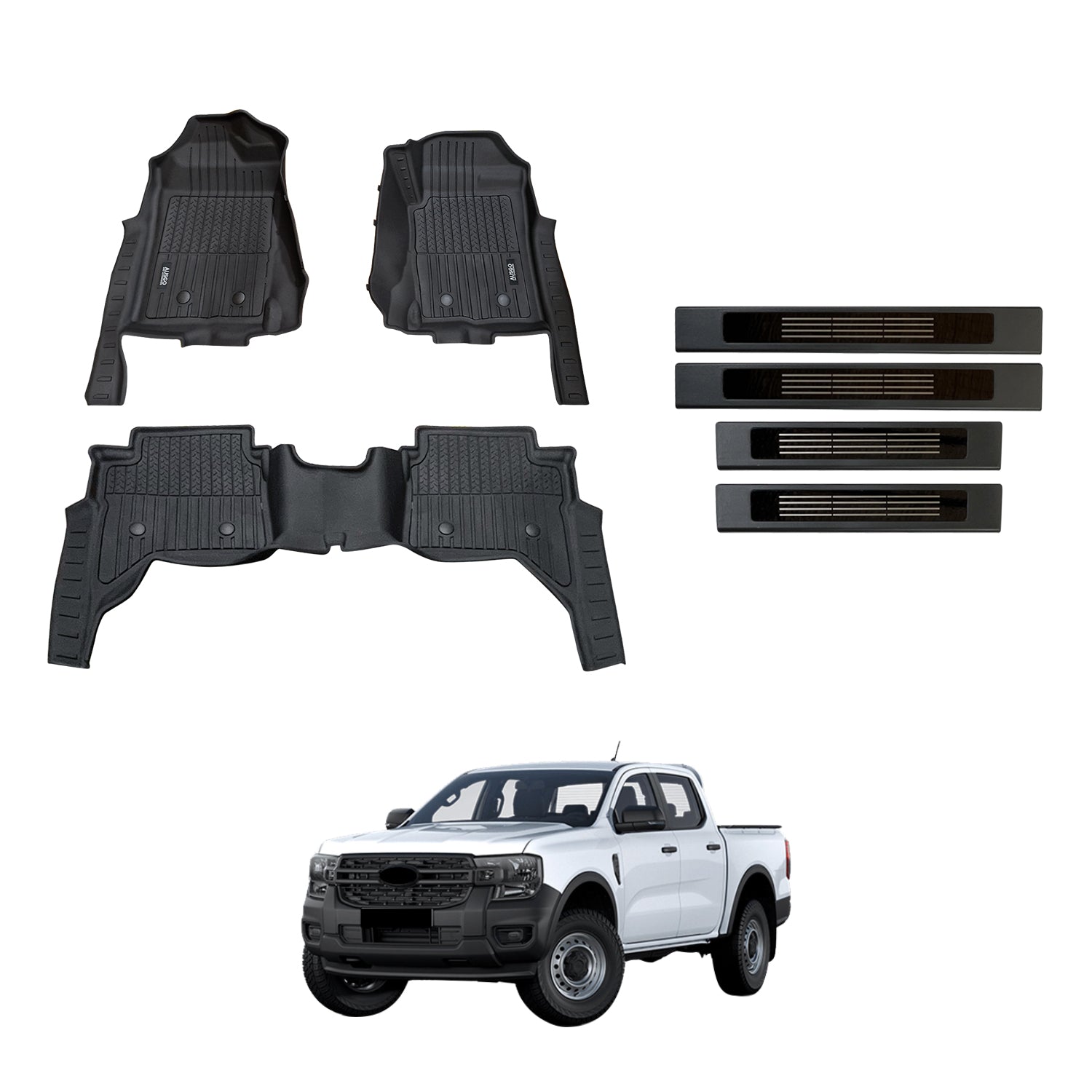 7D Injection Floor Mats + Black Door Sill Protector for Ford Ranger Next-Gen Dual Cab 2022-Onwards