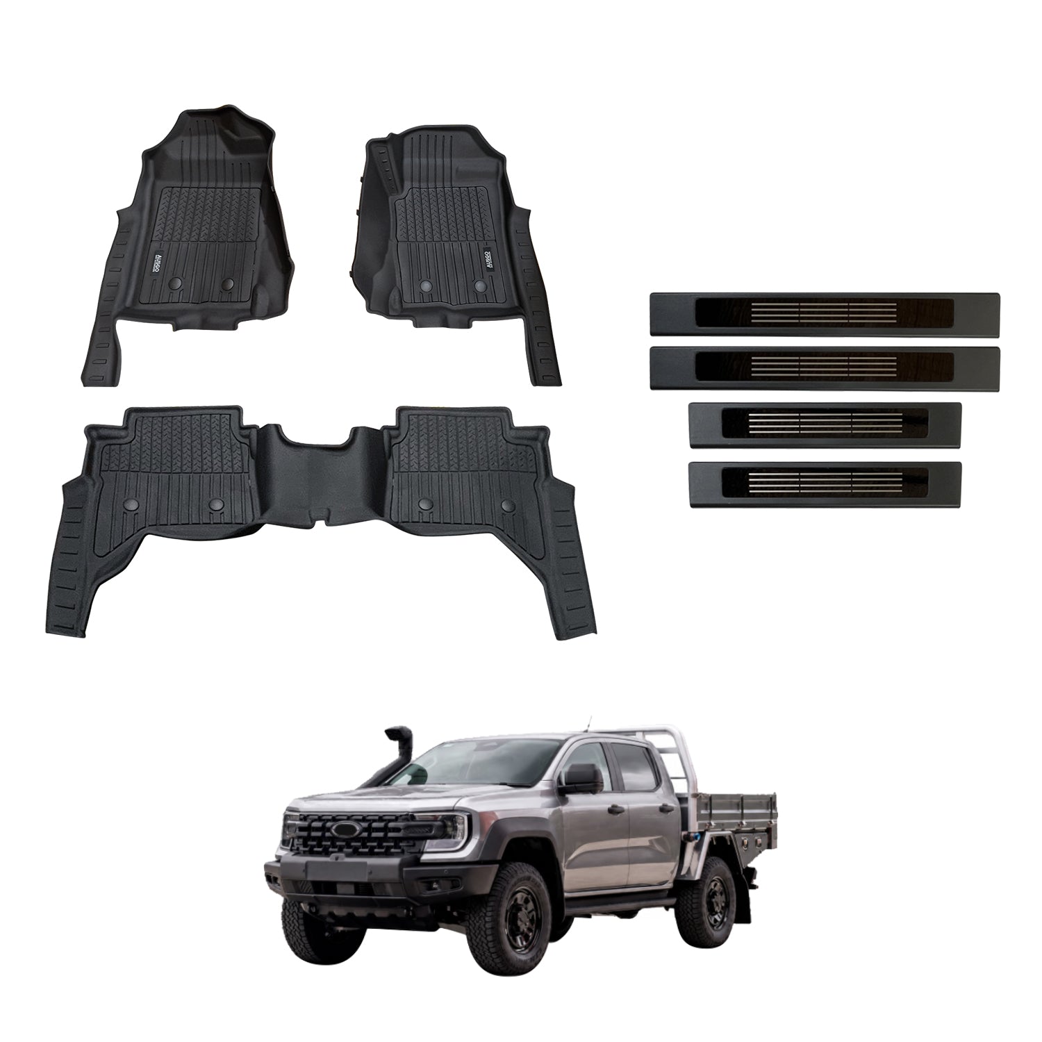 7D Injection Floor Mats + Black Door Sill Protector for Ford Ranger Super Duty Dual Cab 2026-Onwards