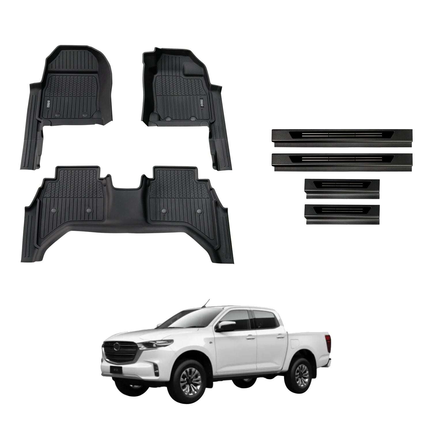 7D Injection Floor Mats + Black Door Sills Protector for Mazda BT-50 BT50 Dual Cab 2020-Onwards