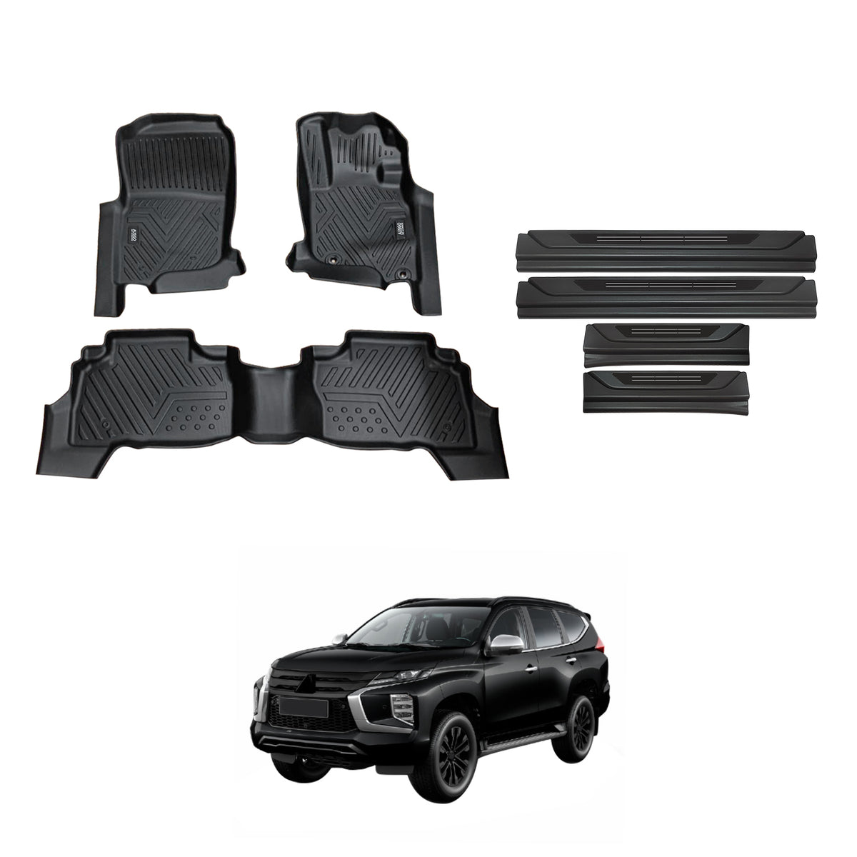 Car Floor Mats + Black Door Sill Protector for Mitsubishi Pajero Sport 2015-Onwards 5-Seat / 7-Seat