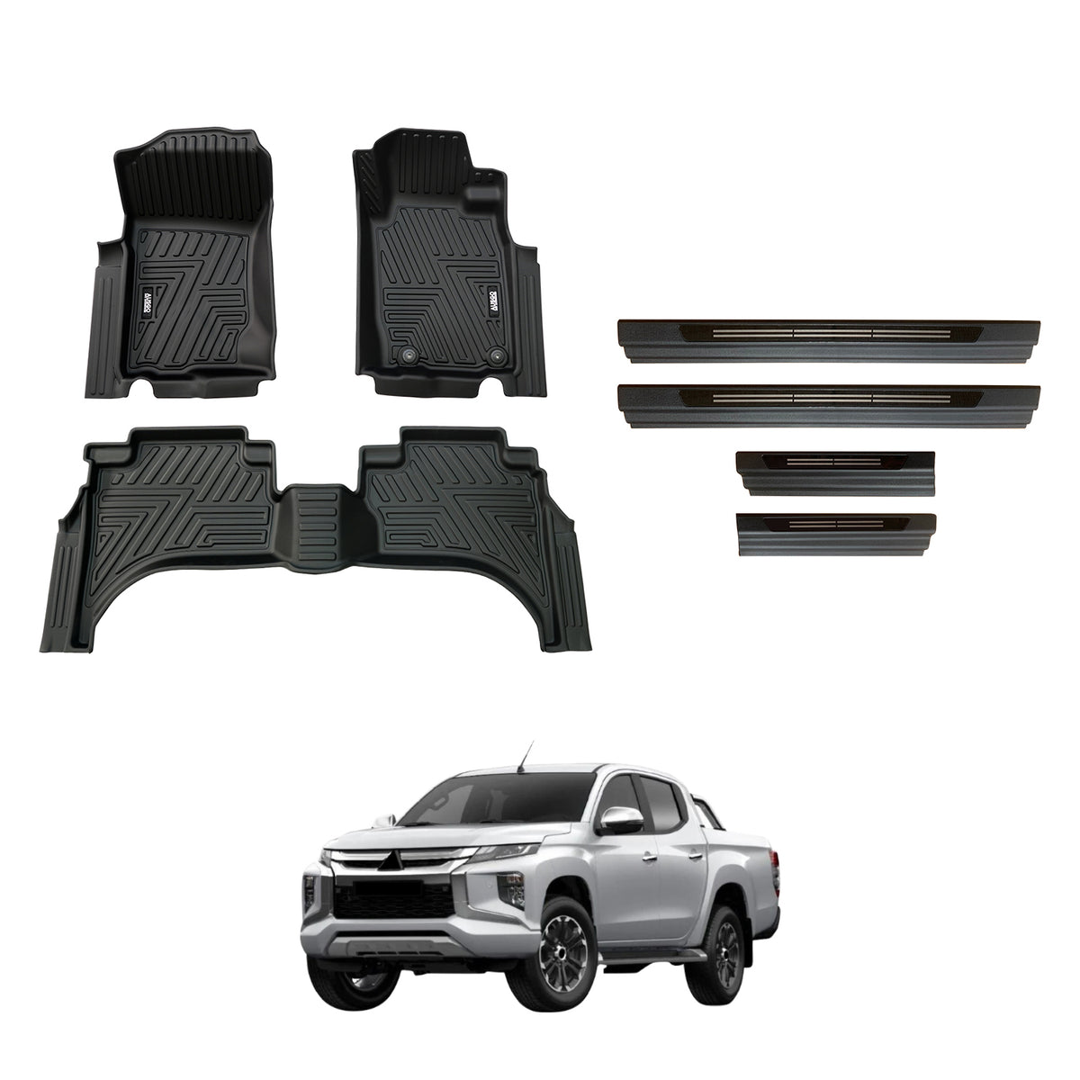 Car Floor Mats + Black Door Sill Protector for Mitsubishi Triton MQ MR Series Dual Cab 2015-2024