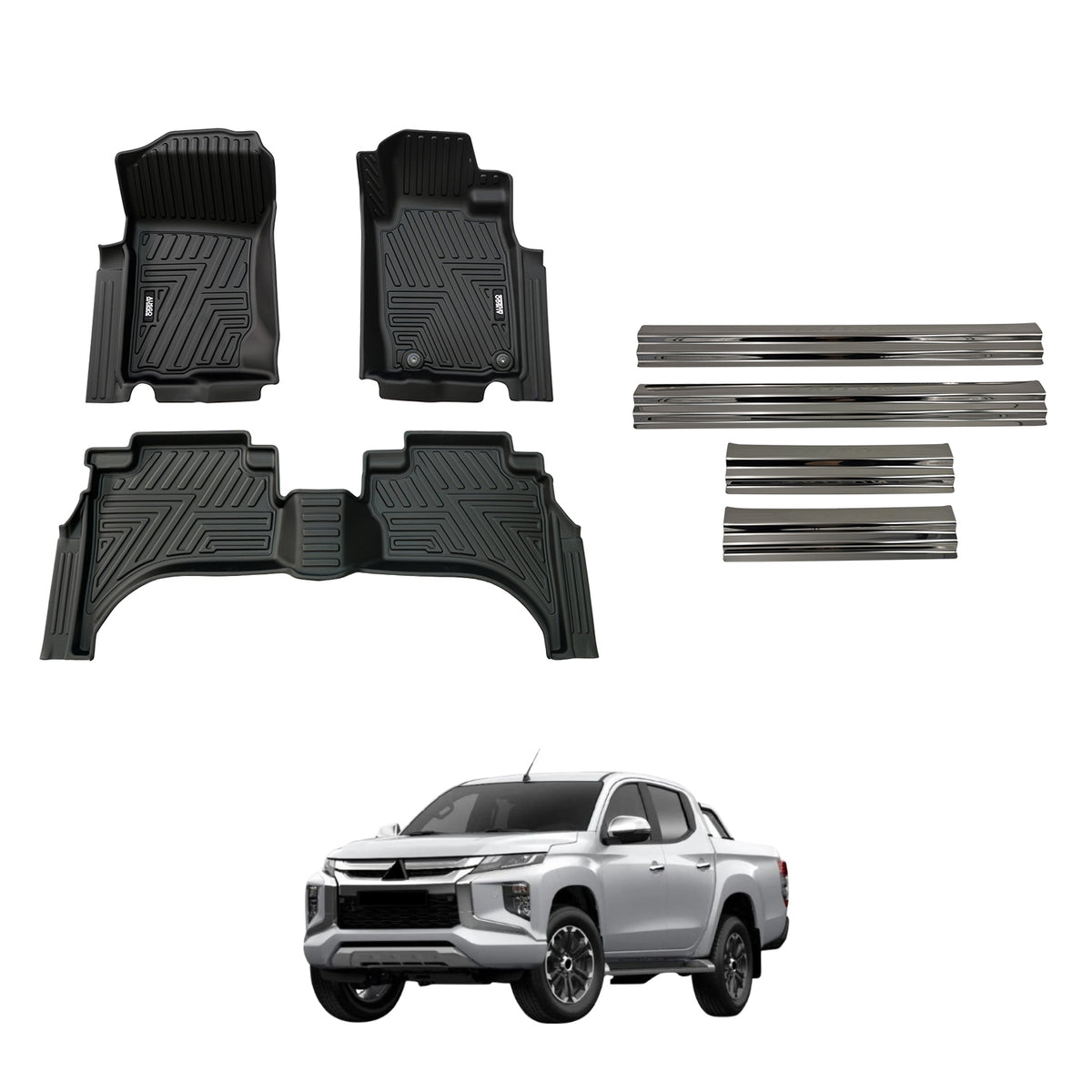 Car Floor Mats + Black Door Sill Protector for Mitsubishi Triton MQ MR Series Dual Cab 2015-2024