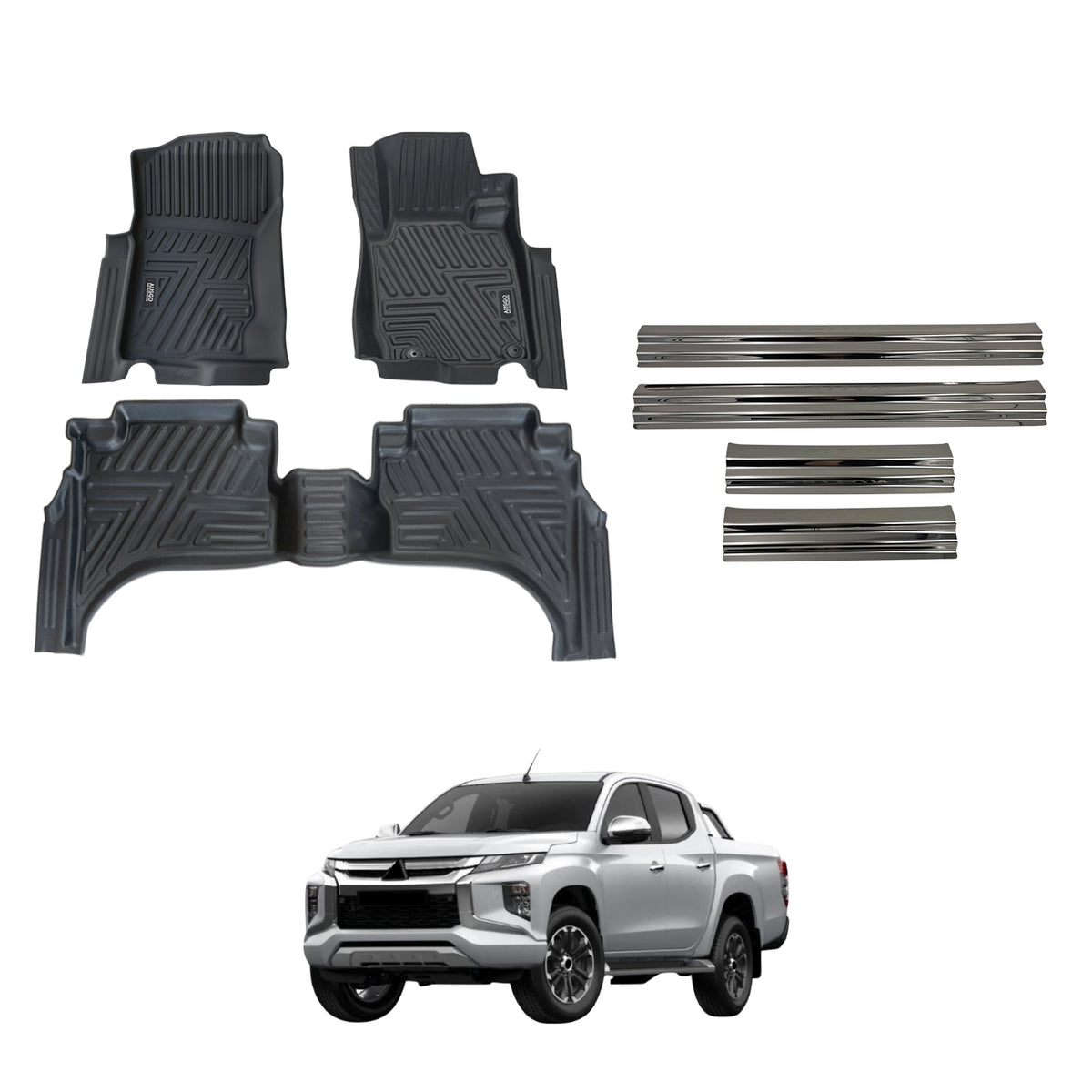 Car Floor Mats + Black Door Sill Protector for Mitsubishi Triton MQ MR Series Dual Cab 2015-2024