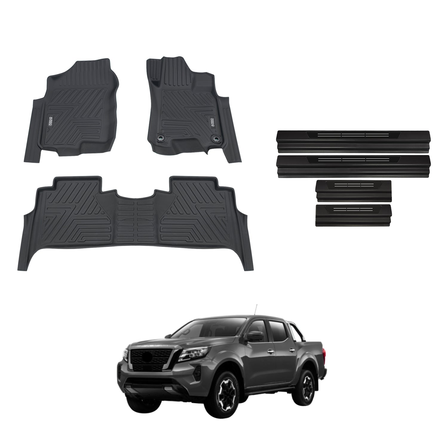 Car Floor Mats + Black Door Sill Protector for Nissan Navara NP300 D23 Dual Cab 2015-Onwards