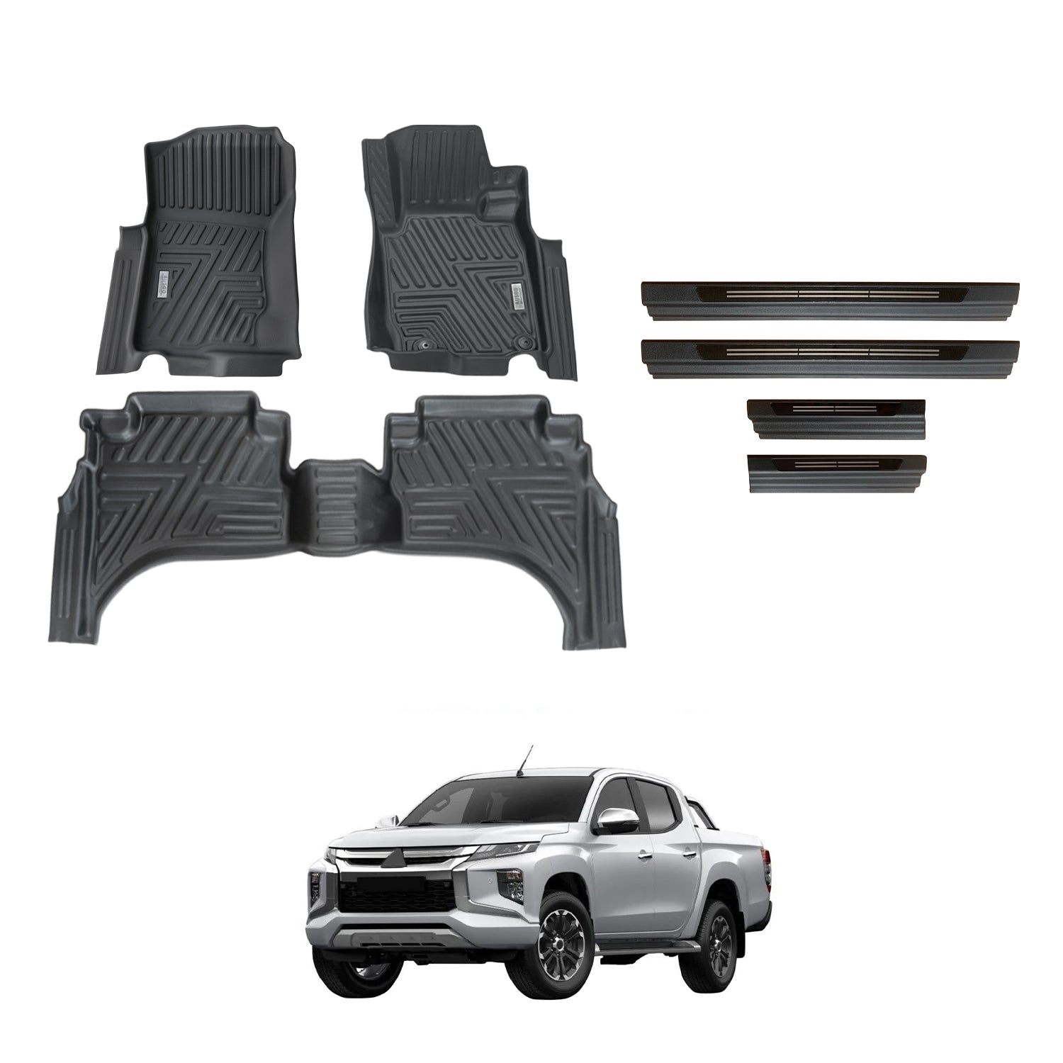 Car Floor Mats + Black Door Sill Protector for Mitsubishi Triton MQ MR Series Dual Cab 2015-2024