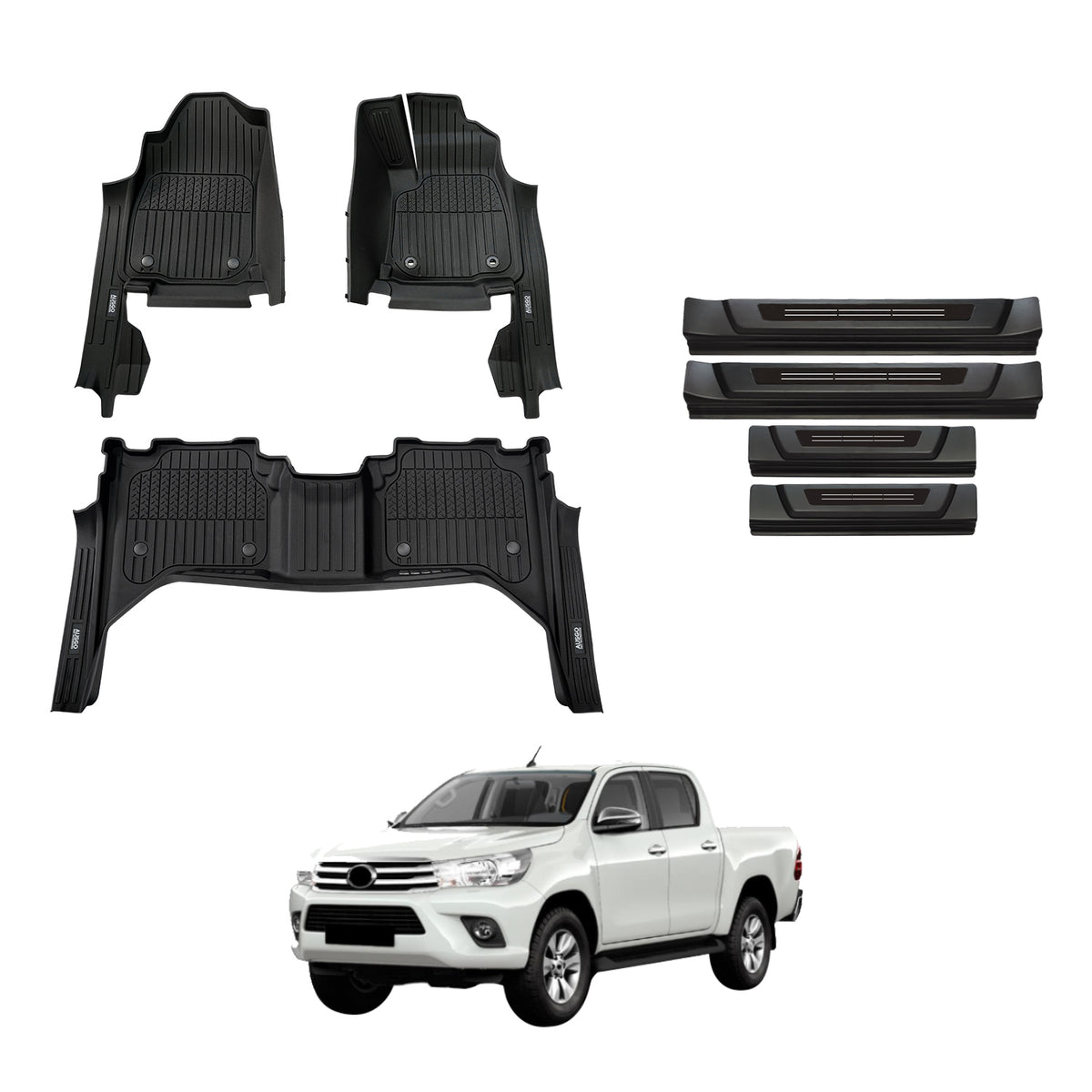 7D Injection Floor Mats + Black Door Sill Protector for Toyota Hilux Dual Cab 2015-2025