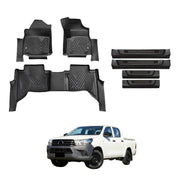 5D Injection Floor Mats + Black Door Sill Protector for Toyota Hilux Dual Cab 2015-Onwards