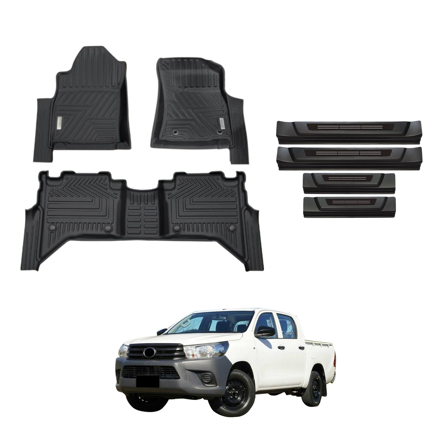 5D Injection Floor Mats + Black Door Sill Protector for Toyota Hilux Dual Cab 2015-Onwards
