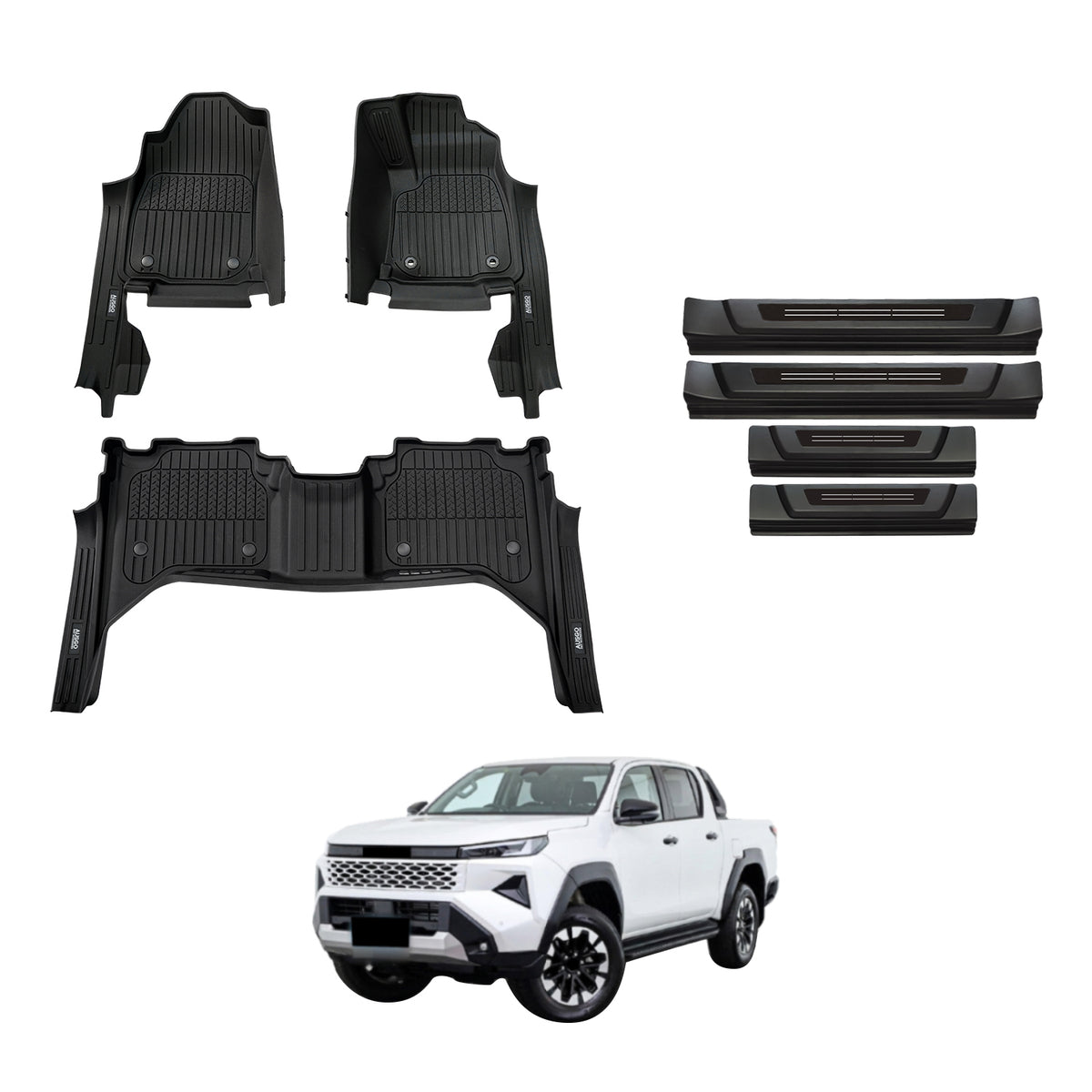 7D Injection Floor Mats + Black Door Sill Protector for Toyota Hilux Dual Cab 2025-Onwards
