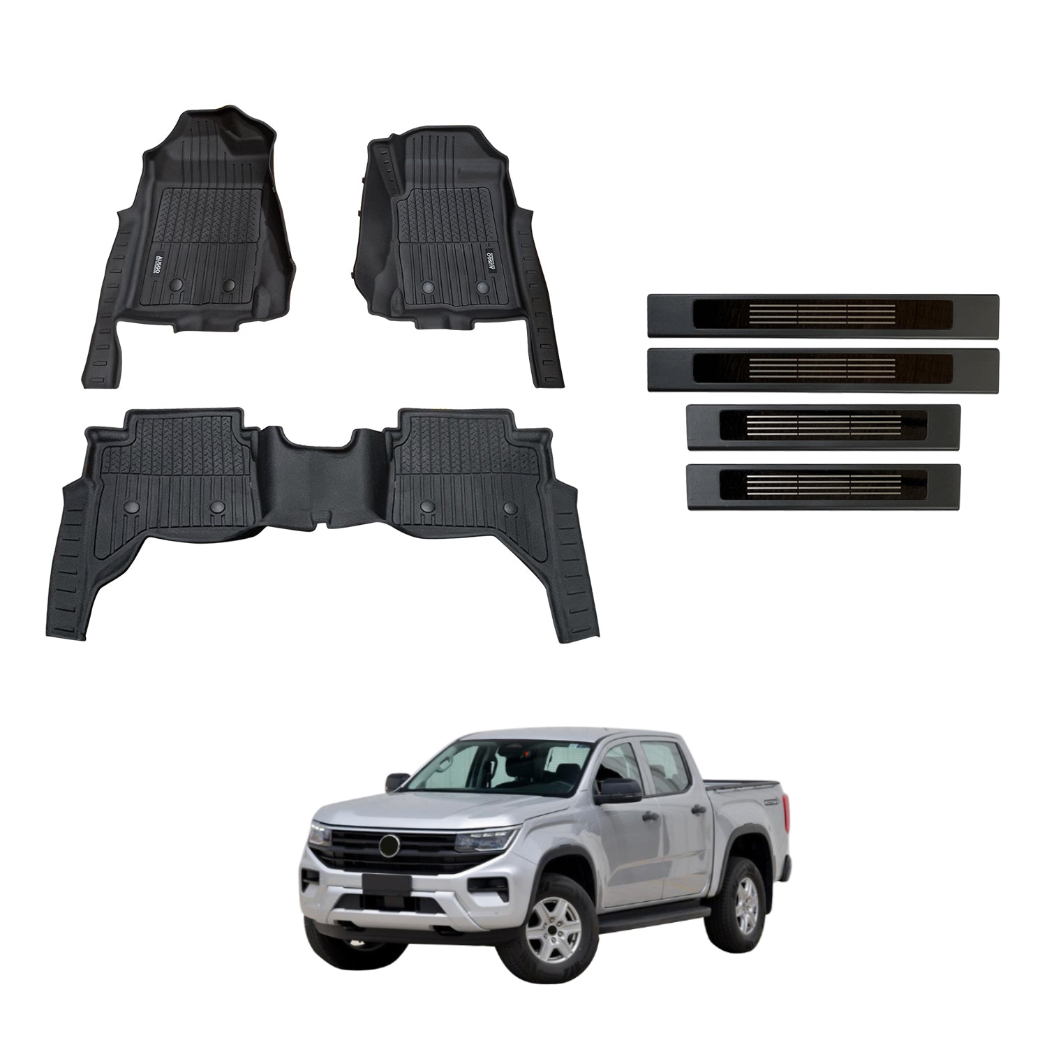 7D Injection Floor Mats + Black Door Sill Protector for Volkswagen Amarok Next-Gen NF Dual Cab 2023-Onwards
