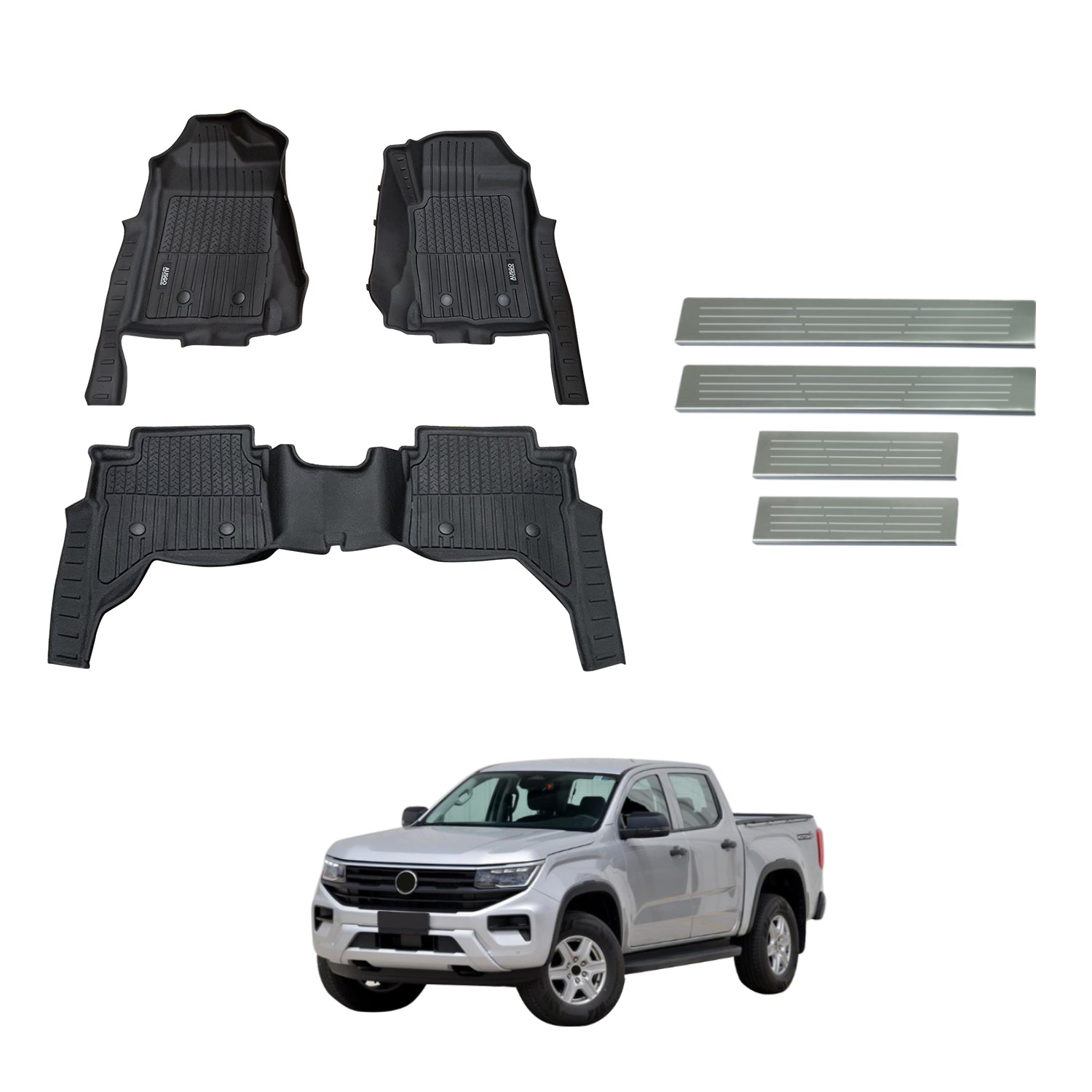 7D Injection Floor Mats + Black Door Sill Protector for Volkswagen Amarok Next-Gen NF Dual Cab 2023-Onwards