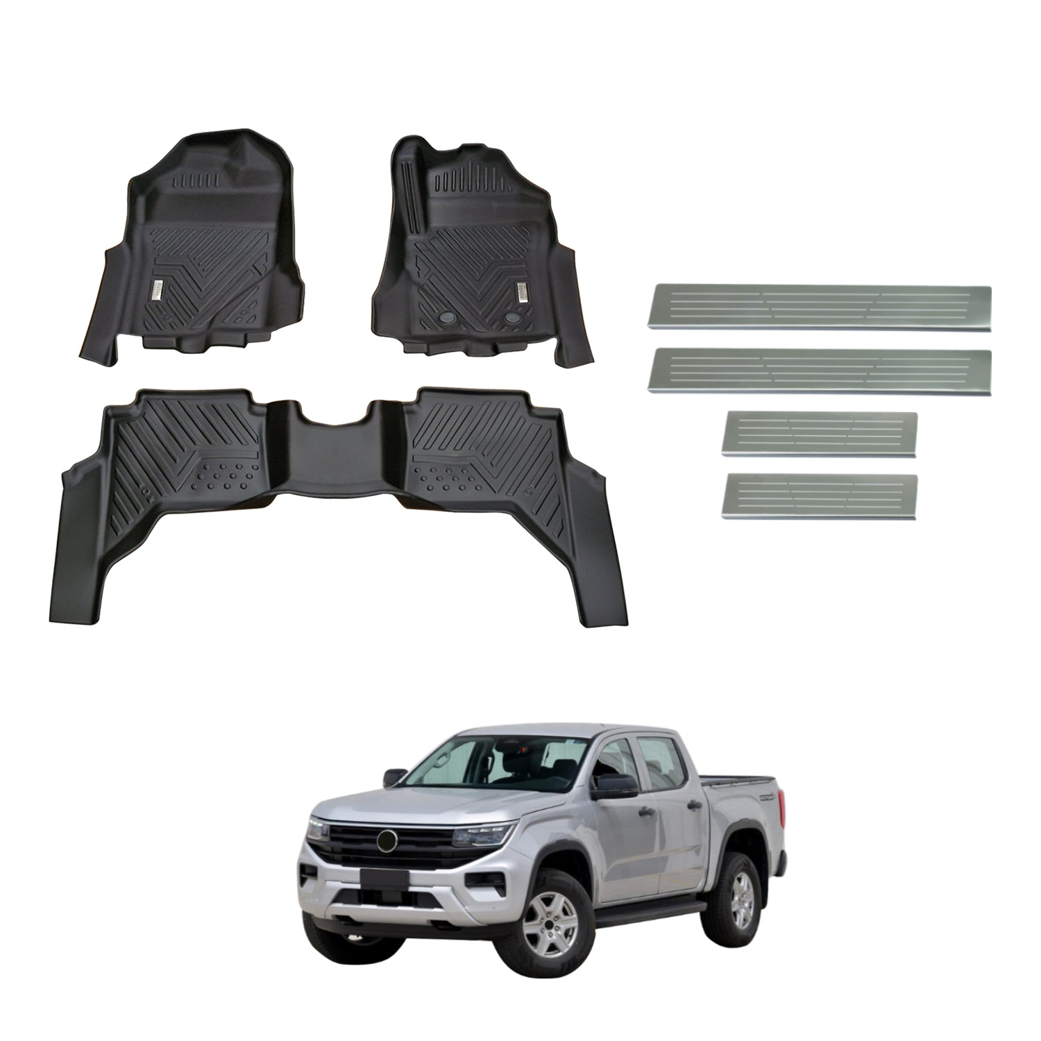 Car Floor Mats + Black Door Sill Protector for Volkswagen Amarok NF Dual Cab 2023-Onwards