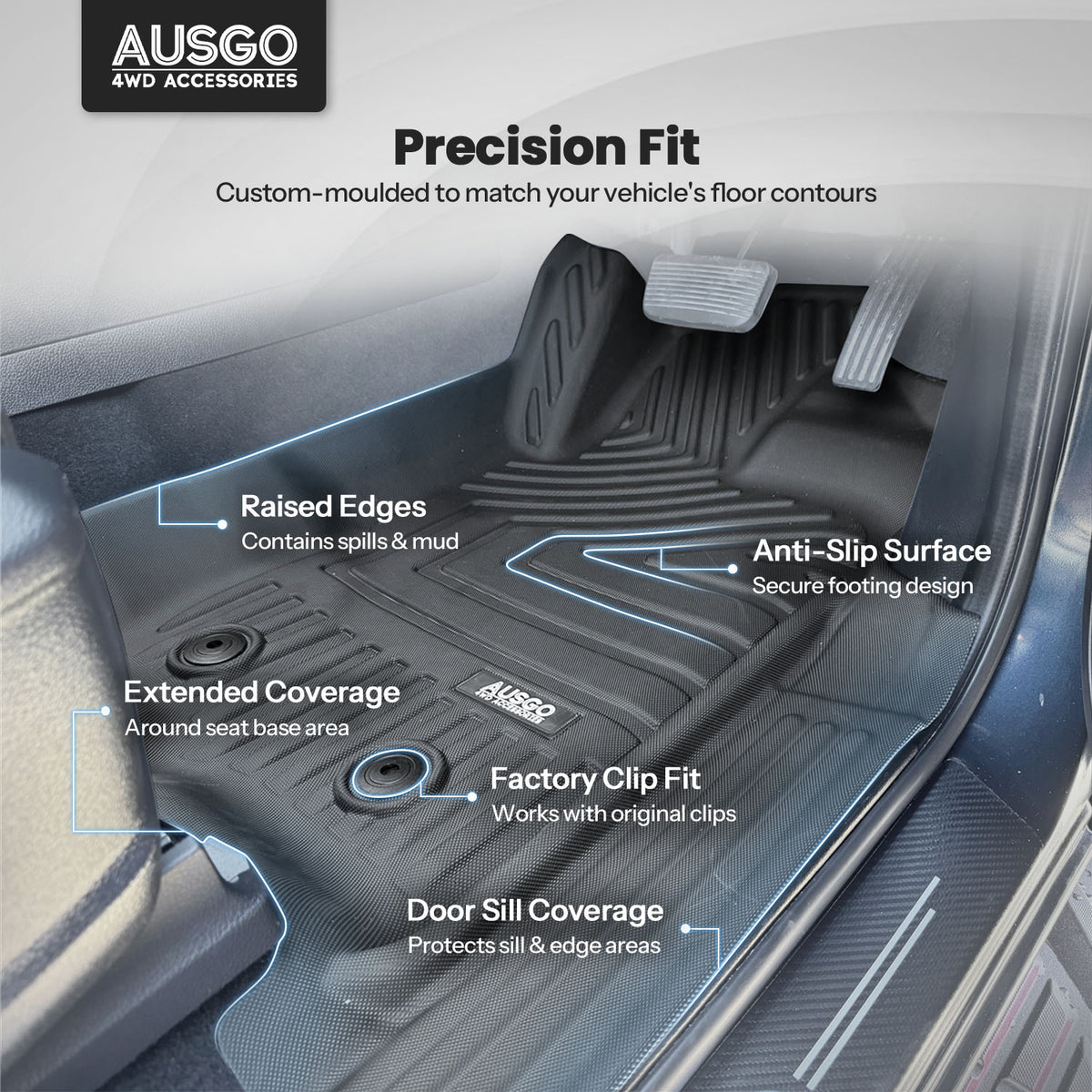 5D Moulded Floor Mats + Black Door Sill Protector for Ford Everest 2015-2022