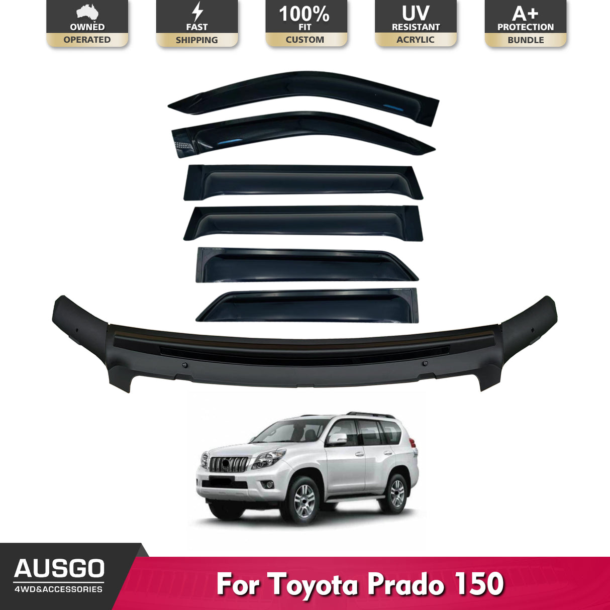 Wide Type Weather Shields + Bonnet Protector for Toyota Land Cruiser Prado 150 Series 2010-2013